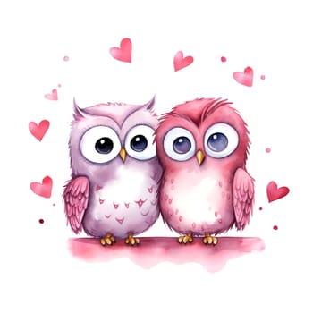 Cute Owls for Valentines Day. Watercolor. Clipart is a great choice for creating cards, invitations, party supplies and decorations. AI generated.