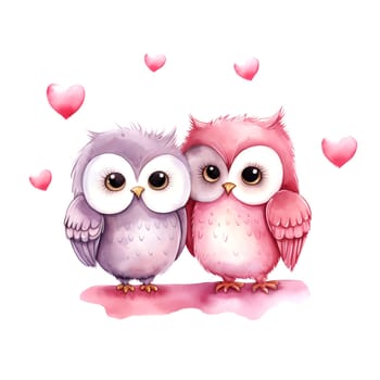 Cute Owls for Valentines Day. Watercolor. Clipart is a great choice for creating cards, invitations, party supplies and decorations. AI generated.