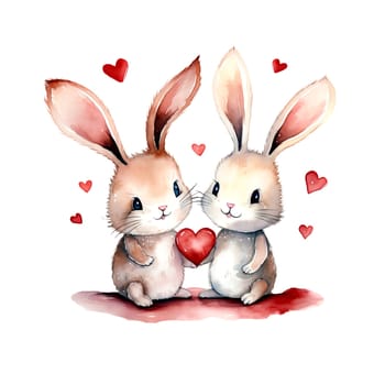 Cute Rabbits for Valentines Day. Watercolor. Clipart is a great choice for creating cards, invitations, party supplies and decorations. AI generated.