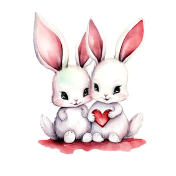 Cute Rabbits for Valentines Day. Watercolor. Clipart is a great choice for creating cards, invitations, party supplies and decorations. AI generated.