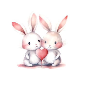 Cute Rabbits for Valentines Day. Watercolor. Clipart is a great choice for creating cards, invitations, party supplies and decorations. AI generated.