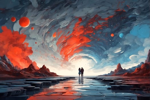 A captivating painting depicting two individuals standing amidst the expanse of a serene body of water.