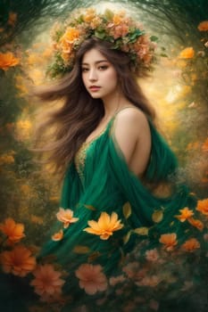 A stunning painting capturing the beauty of a woman with delicate flowers gracefully placed in her hair.