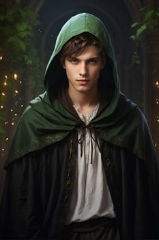 A young man wearing a green hooded cloak stands solemnly against a natural backdrop.