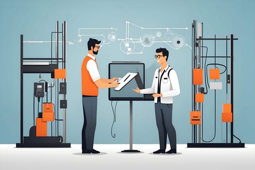 Two men stand side by side in front of a machine, symbolizing teamwork and productivity in an industrial setting.