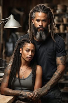 A man and a woman confidently stand side by side in a workshop, actively engaged in a hands-on project.