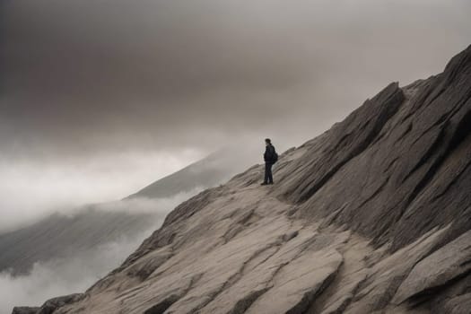 A man stands triumphantly on the peak of a towering rocky mountain, taking in the breathtaking panoramic view.