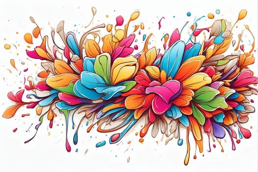 A lively artwork featuring a variety of vibrant, colorful paint splatters on a clean white background.