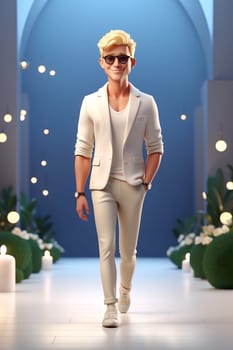 A man confidently struts down the runway in a sleek white suit, commanding attention with each confident step.
