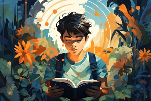 Teen boy engrossed in reading a book surrounded by lush floral nature
