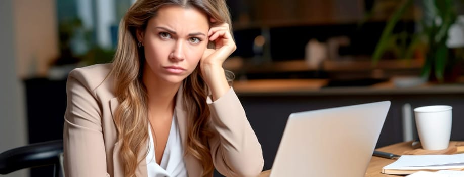Worried businesswoman working on a laptop in an office setting
