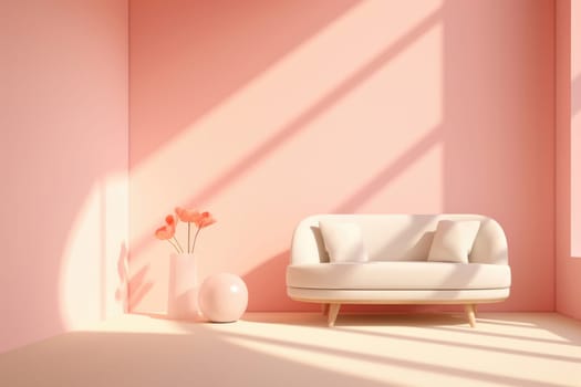 Modern living room corner with stylish sofa, pink walls, and elegant flower decor