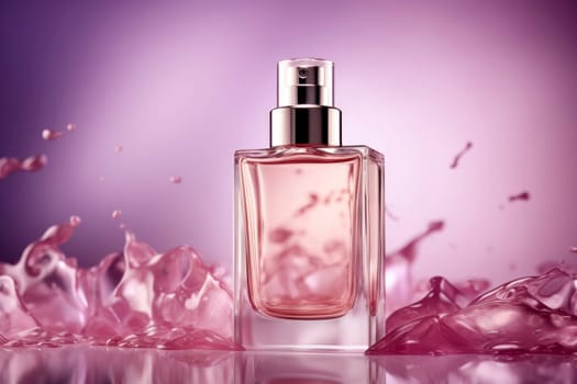 Luxury perfume bottle with dynamic liquid splash on a purple backdrop