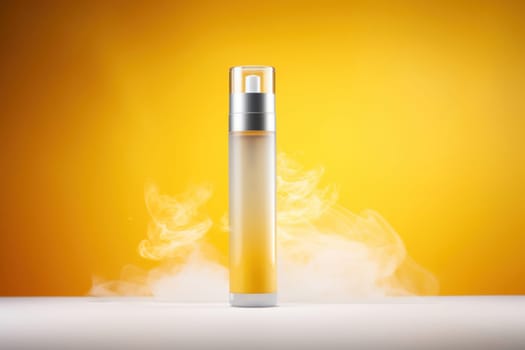 Chic perfume bottle emitting a delicate smoke against a vibrant yellow backdrop