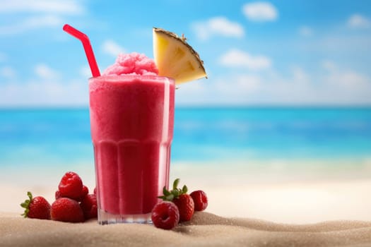 A vibrant tropical berry smoothie with a pineapple slice on a sunny beach