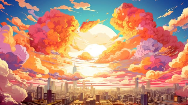 An illustrative city skyline bathed in the warm glow of a surreal sunset with vibrant clouds