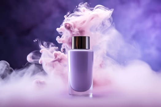 Elegant perfume bottle enveloped in whimsical purple smoke