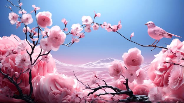 Surreal landscape with pink birds and blossoming flowers under a blue sky