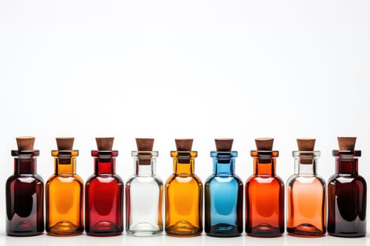 Row of colorful glass bottles with corks on a white backdrop with copy space