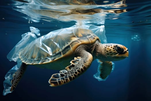 A sea turtle swims entangled in a transparent plastic sheet underwater. Plastic pollution concept