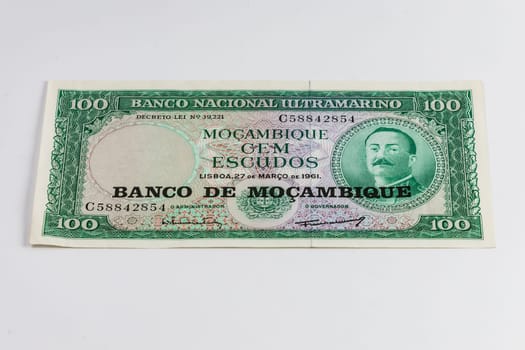 Old Mozambique banknote of 100 Escudos from 1961 year 