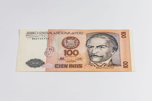 Old Peru banknote of 100 Cien Intis from 1987 year with image of Ramon Castilla