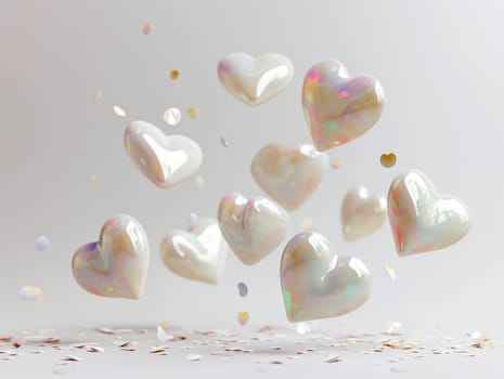 3D Realistic Shiny Shimmering Hearts Background. Valentine's Day Hearts Wallpaper. Glossy Hearts Backdrop with Space for Text. Ai generated