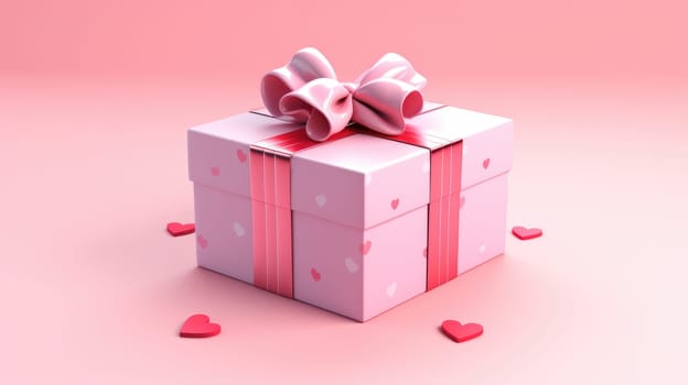 3d isometric box tied with pink ribbon on pink background. Realistic icon for present, birthday or wedding banners AI