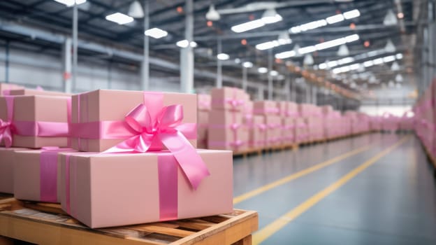 Large warehouse of Valentines Day gifts. Sale and delivery of goods. Packaging and transporting gifts. AI