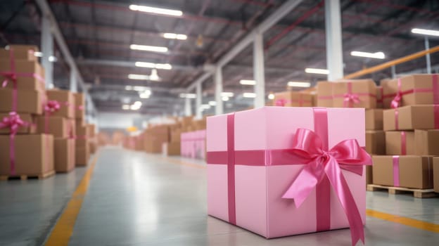 Large warehouse of Valentines Day gifts. Sale and delivery of goods. Packaging and transporting gifts. AI