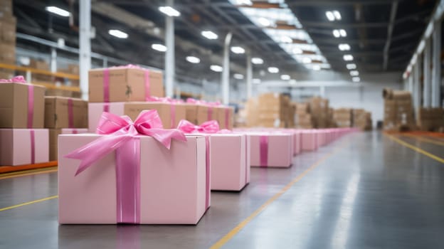 Large warehouse of Valentines Day gifts. Sale and delivery of goods. Packaging and transporting gifts. AI