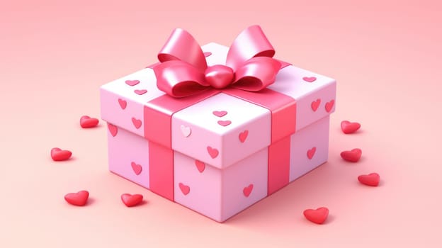 3d isometric box tied with pink ribbon on pink background. Realistic icon for present, birthday or wedding banners AI