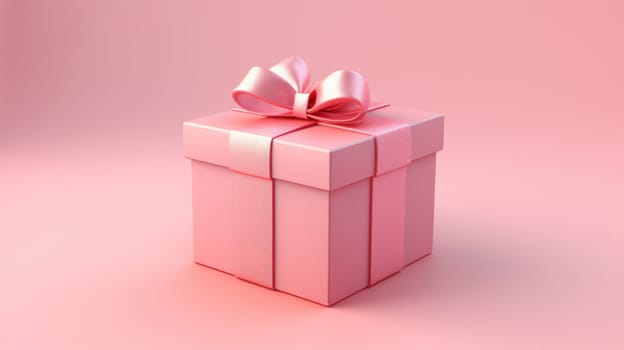 3d isometric box tied with pink ribbon on pink background. Realistic icon for present, birthday or wedding banners AI