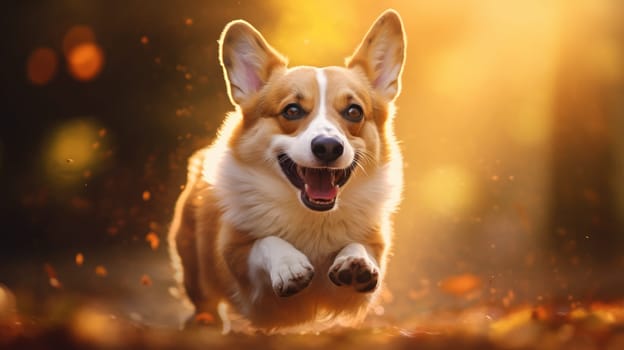 Funny and crazy welsh corgi. Corgi dog on blurred summer background AI