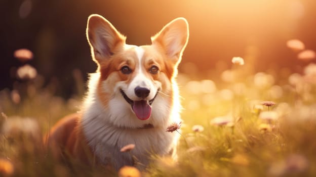 Funny and crazy welsh corgi. Corgi dog on blurred summer background AI