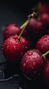 water droplets on red cherries, black background.