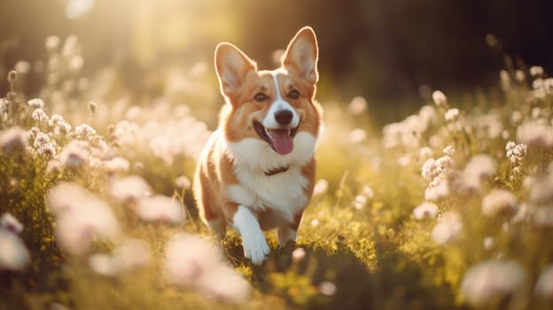 Funny and crazy welsh corgi. Corgi dog on blurred summer background AI