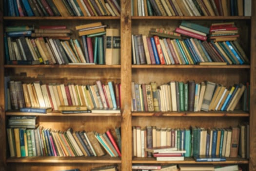 Blurred Bookshelf With Old Books Is Presented, Toned In Brown Colors To Evoke Vintage And Nostalgic Ambiance. Essence Of Antiquarian Literature And Aged Pages, Creating Warm And Classical Setting. High quality photo