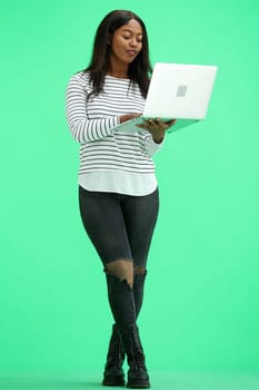 A woman, on a green background, in full height, uses a laptop.