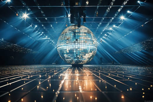Glowing disco ball in a mirrored room with spotlights.