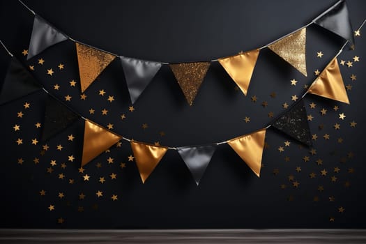 Golden garland on a black wall. Festive decoration.