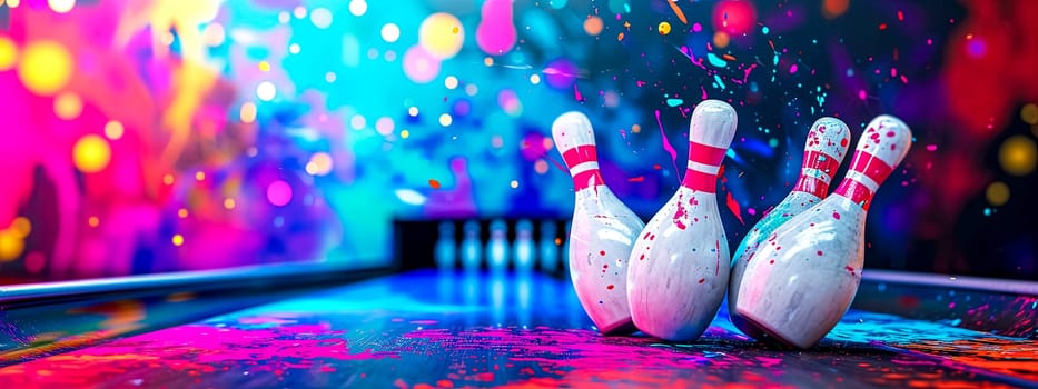electrifying scene at a bowling alley with pins splattered with vibrant paint under a dazzling array of colorful lights, dynamic fun atmosphere perfect for entertainment and leisure theme, copy space