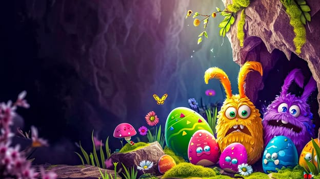 A magical Easter scene in a whimsical forest setting with playful, brightly colored creatures and ornately decorated eggs, creating a festive and enchanting atmosphere. copy space