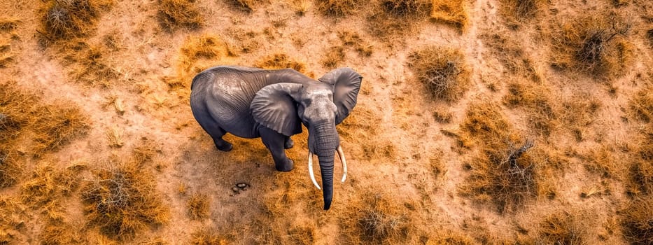An aerial view capturing a solitary elephant roaming the dry savannah, with the warm tones of the landscape highlighting the gentle giant's presence in its natural habitat. copy space