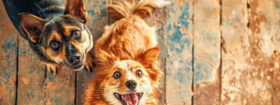 top view of a curious and attentive dog, with another dog in the background, both against an earthy, textured backdrop, capturing the essence of canine companionship and curiosity, copy space