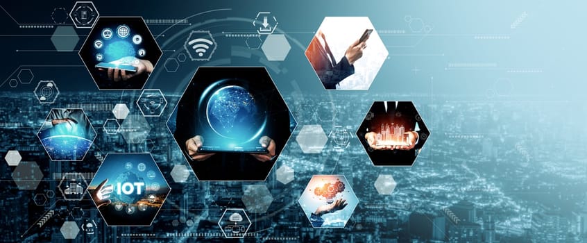 Communication technology , smart connection IOT and people network technology concept. People using connective device to connect to the secured internet network and cloud computing server vexel