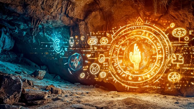 A captivating blend of ancient and futuristic, cave's rocky interior bathed in the golden glow of mysterious, glowing symbols and icons, civilization or alien technology merging with natural elements.
