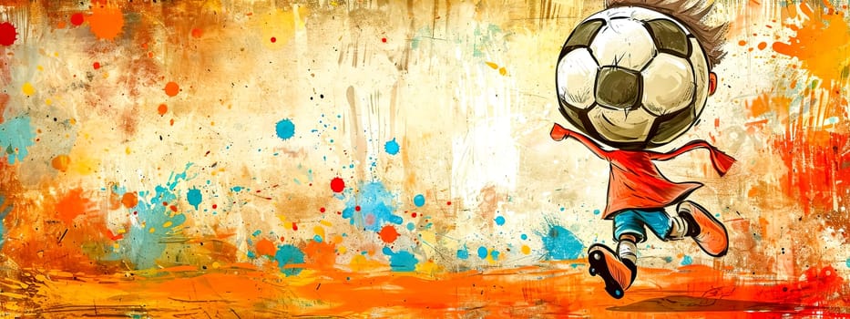 soccer ball character wearing a red cape, mid-action against a vibrant abstract background splashed with orange, blue, and red, perfect for a dynamic sports event banner with ample text space.