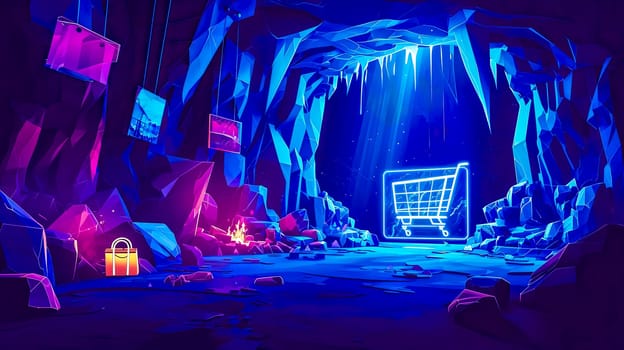 shopping cart glowing with neon blue light in a stylized crystal cave, with floating shopping bags and digital screens, evoking a theme of modern online shopping in a fantastical setting.