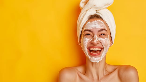 A woman with a beaming smile, wearing a facial mask and a towel on her head, against a bright yellow background, perfect for a skincare or beauty concept with copy space